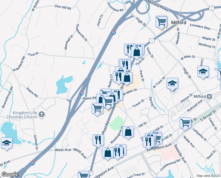 map of restaurants, bars, coffee shops, grocery stores, and more near 23 Bailey Lane in Milford