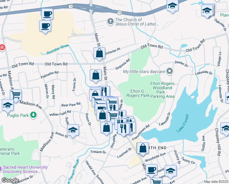 map of restaurants, bars, coffee shops, grocery stores, and more near 25 Hillview Street in Bridgeport