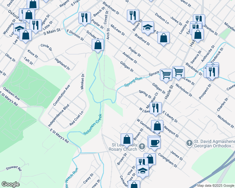 map of restaurants, bars, coffee shops, grocery stores, and more near 101 West Liberty Street in Wilkes-Barre