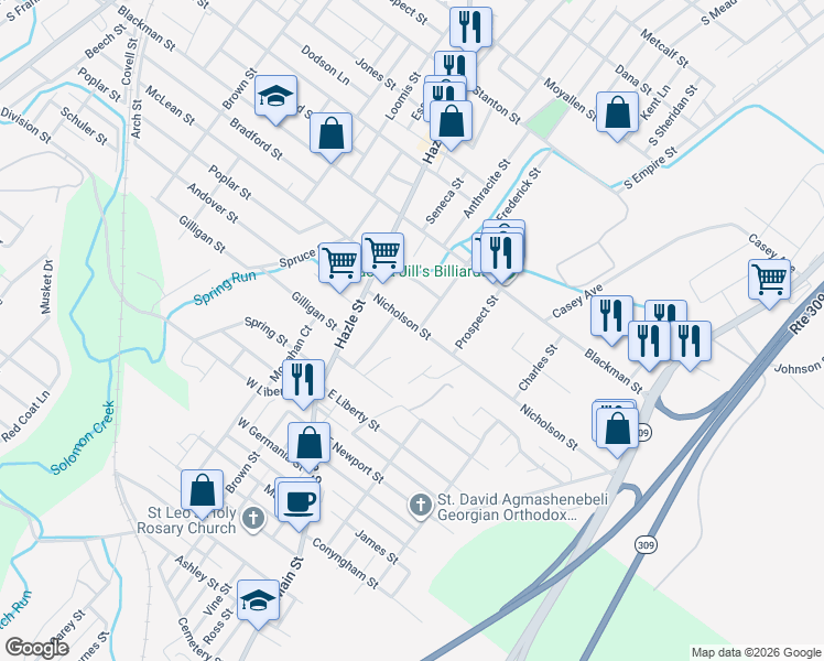 map of restaurants, bars, coffee shops, grocery stores, and more near 91 Nicholson Street in Wilkes-Barre