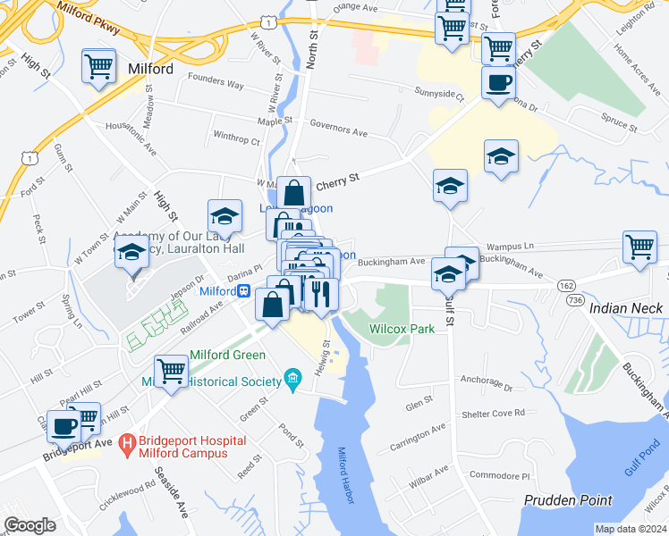map of restaurants, bars, coffee shops, grocery stores, and more near 7 Prospect Street in Milford
