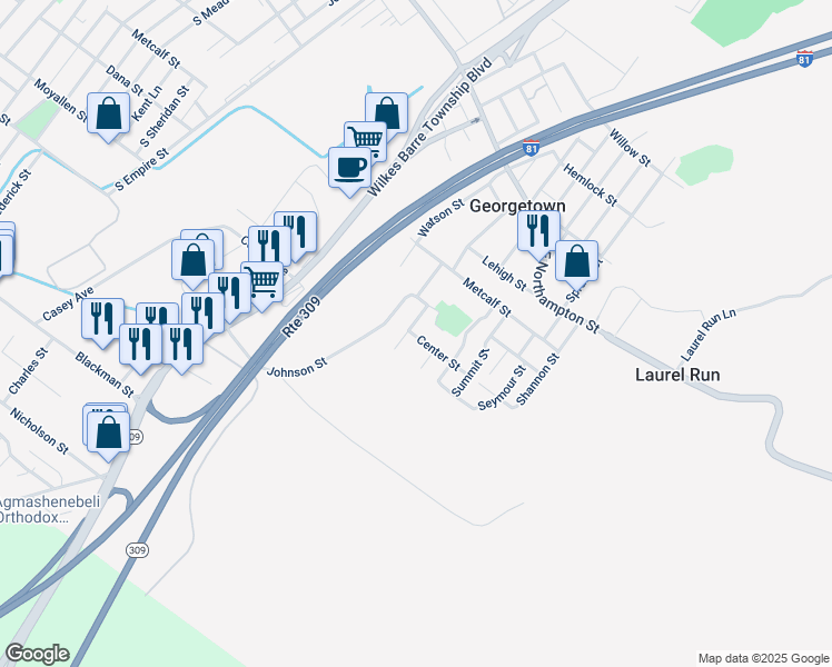 map of restaurants, bars, coffee shops, grocery stores, and more near 303 Center Street in Wilkes-Barre Township