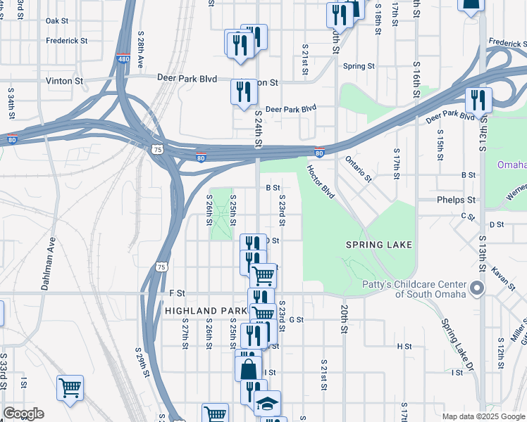 map of restaurants, bars, coffee shops, grocery stores, and more near 3810 South 23rd Street in Omaha