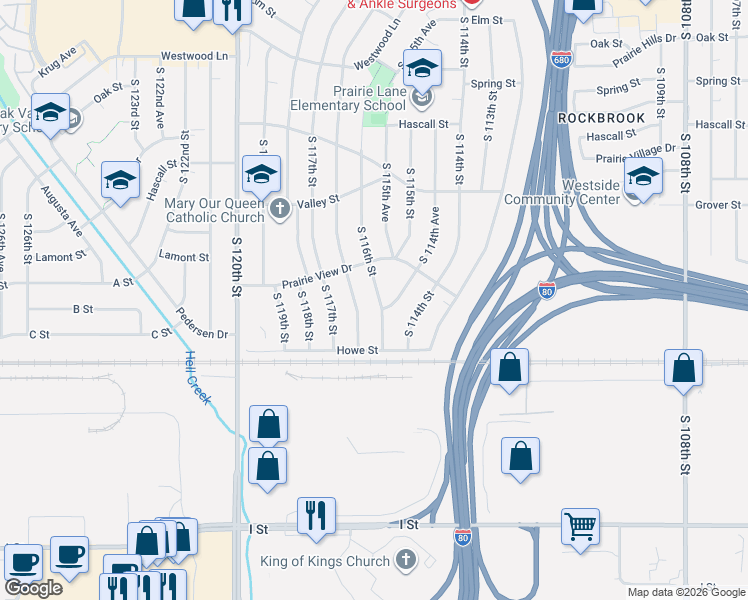 map of restaurants, bars, coffee shops, grocery stores, and more near 3705 South 116th Street in Omaha
