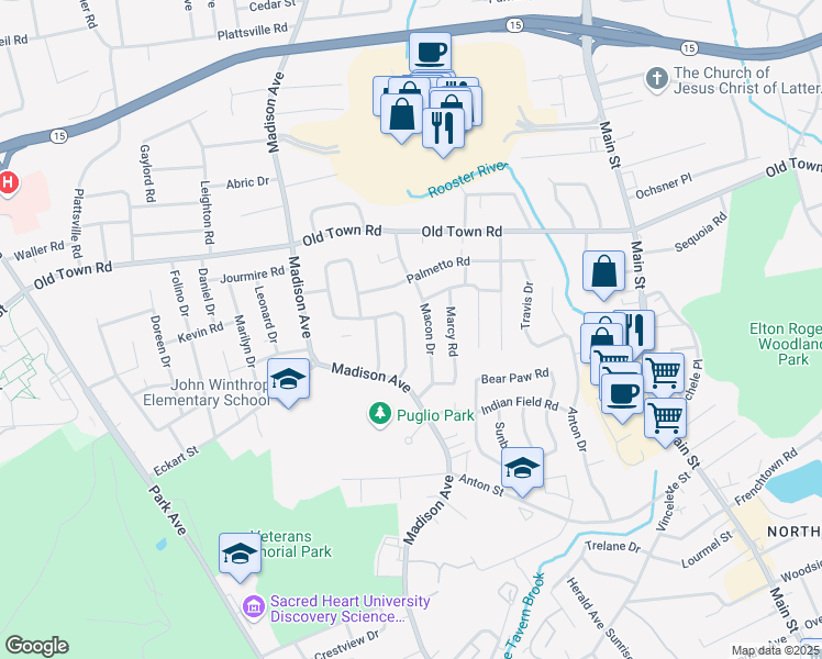 map of restaurants, bars, coffee shops, grocery stores, and more near 110 Dobson Street in Bridgeport