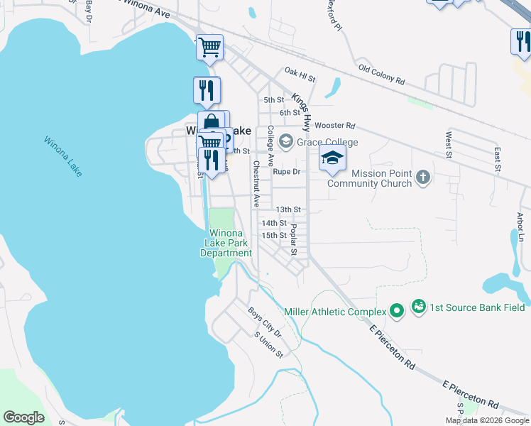 map of restaurants, bars, coffee shops, grocery stores, and more near 100 14th Street in Winona Lake