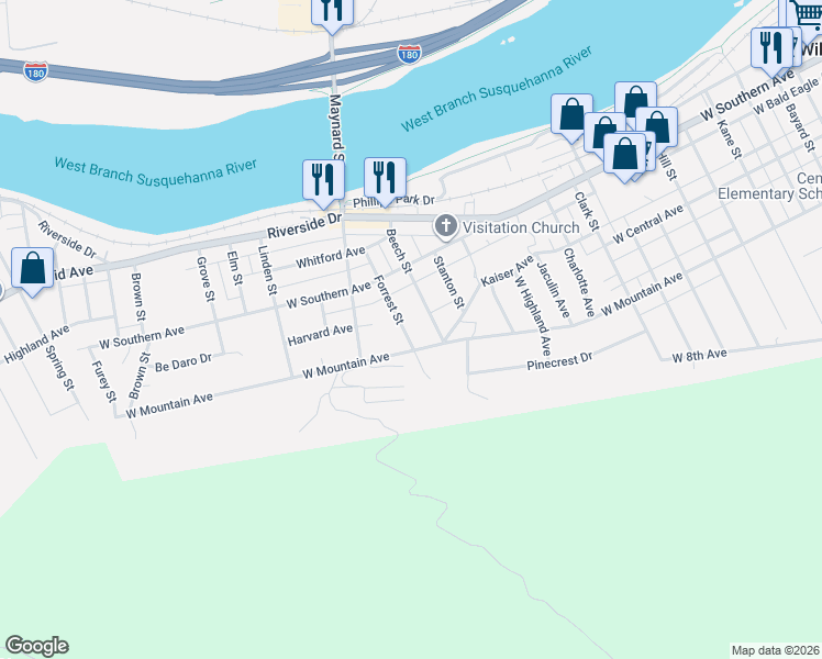 map of restaurants, bars, coffee shops, grocery stores, and more near 1844-1898 West Mountain Avenue in South Williamsport