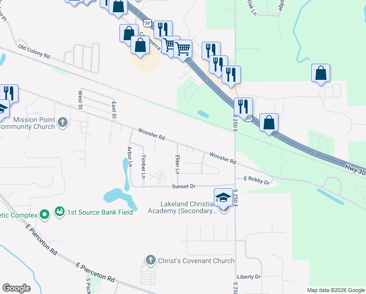 map of restaurants, bars, coffee shops, grocery stores, and more near 1404 Wooster Road in Winona Lake