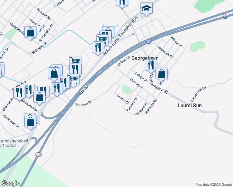 map of restaurants, bars, coffee shops, grocery stores, and more near 303 Center Street in Wilkes-Barre Township
