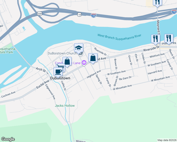 map of restaurants, bars, coffee shops, grocery stores, and more near 201-299 Winter Street in Duboistown