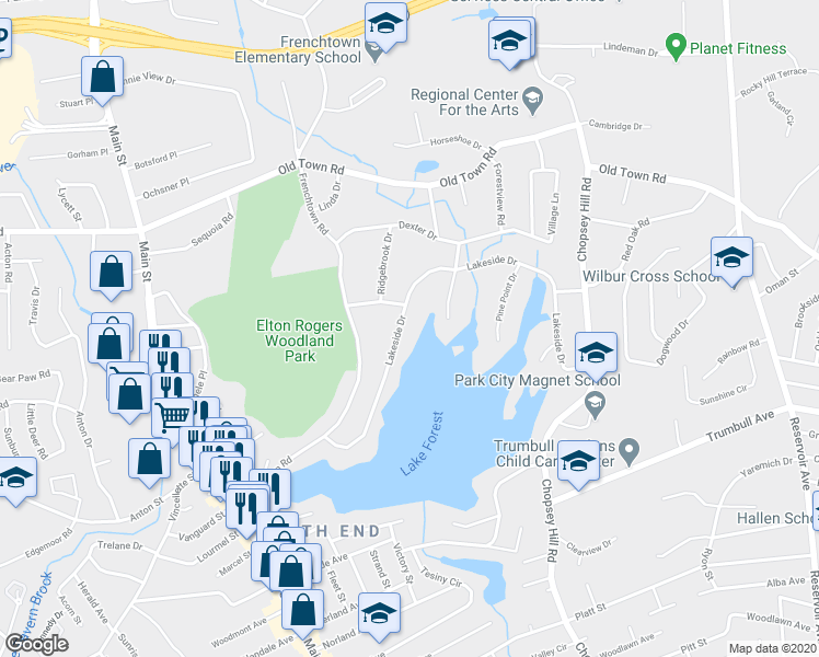 map of restaurants, bars, coffee shops, grocery stores, and more near 675 Lakeside Drive in Bridgeport