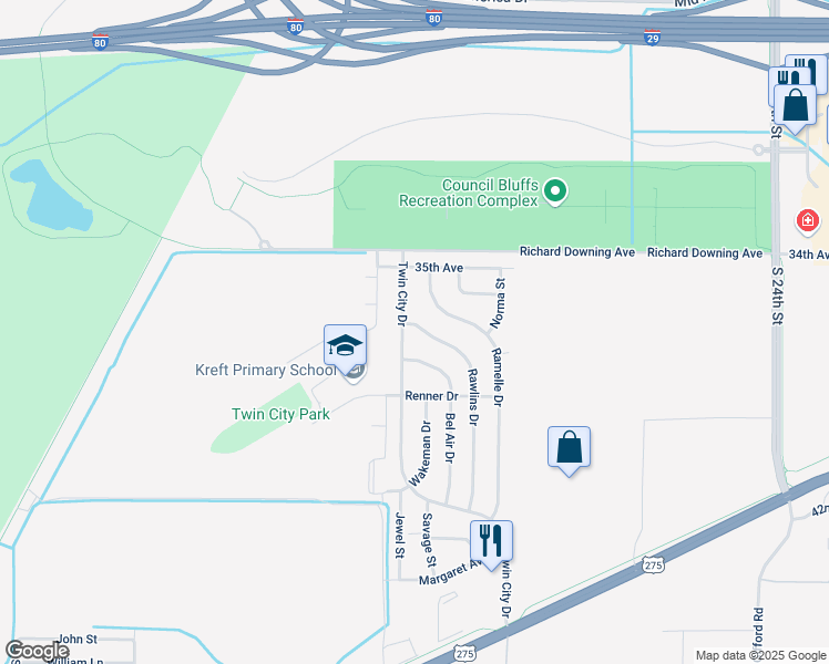 map of restaurants, bars, coffee shops, grocery stores, and more near 3022 Bel Air Drive in Council Bluffs