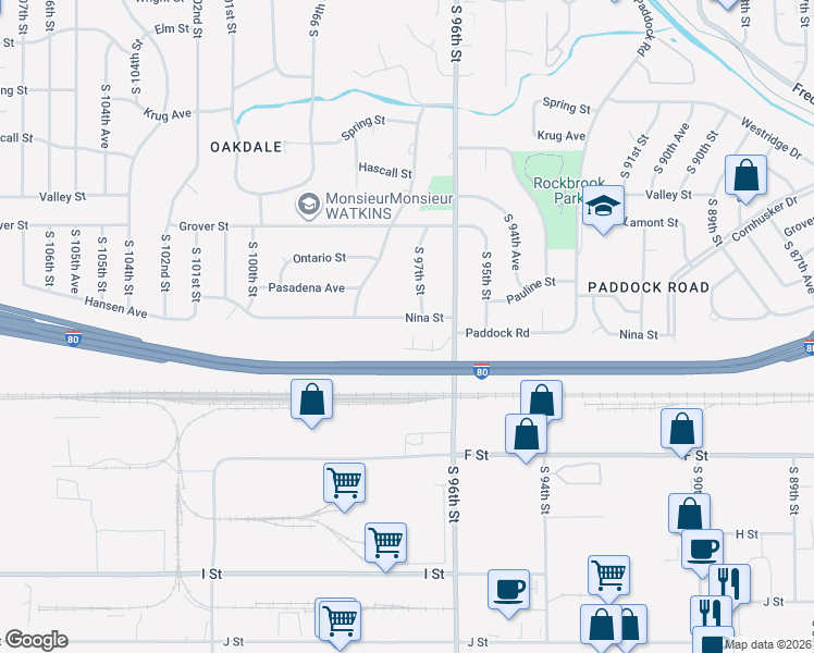 map of restaurants, bars, coffee shops, grocery stores, and more near 9714 Southby Plaza in Omaha