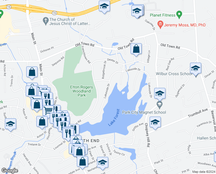 map of restaurants, bars, coffee shops, grocery stores, and more near 672 Lakeside Drive in Bridgeport