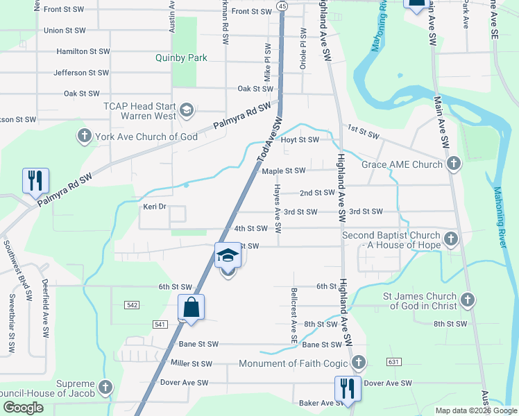 map of restaurants, bars, coffee shops, grocery stores, and more near 860 3rd Street Southwest in Warren
