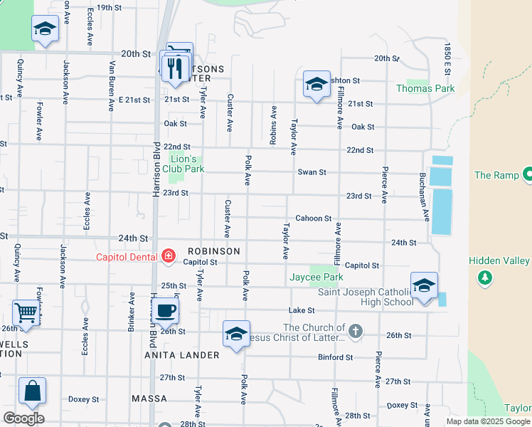 map of restaurants, bars, coffee shops, grocery stores, and more near 1423 Cahoon Street in Ogden