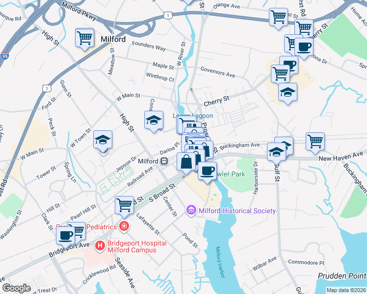 map of restaurants, bars, coffee shops, grocery stores, and more near 22-28 River Street in Milford