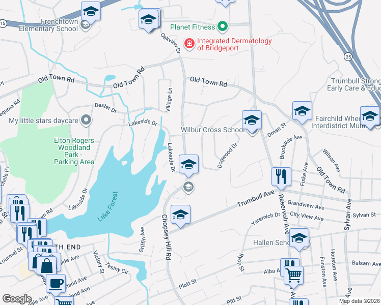 map of restaurants, bars, coffee shops, grocery stores, and more near 180 Dogwood Drive in Bridgeport