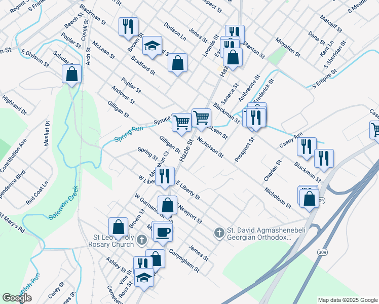map of restaurants, bars, coffee shops, grocery stores, and more near 18 Solomon Street in Wilkes-Barre