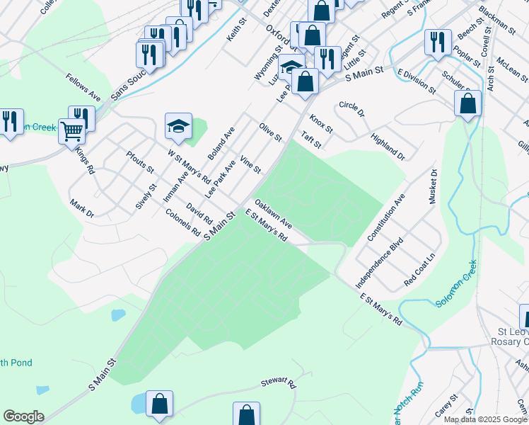 map of restaurants, bars, coffee shops, grocery stores, and more near 1-99 E St Marys Rd in Wilkes-Barre