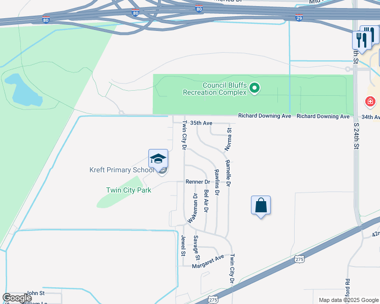 map of restaurants, bars, coffee shops, grocery stores, and more near 3022 Bel Air Drive in Council Bluffs