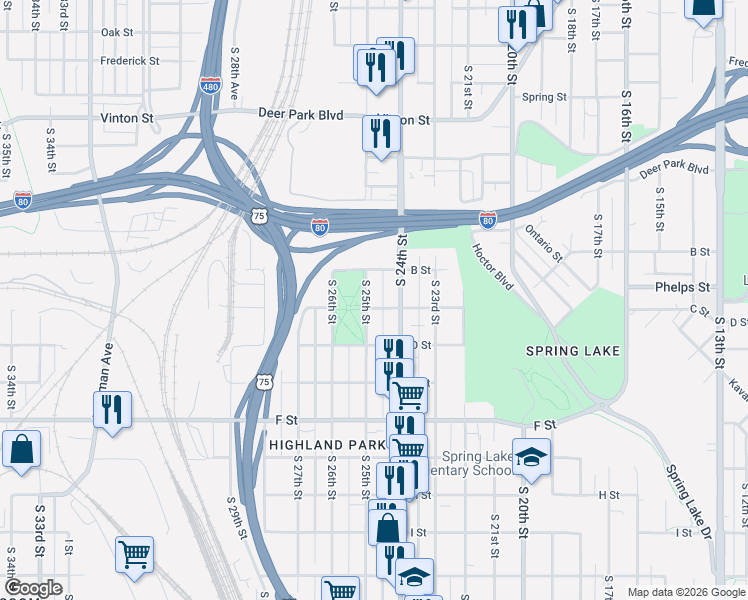 map of restaurants, bars, coffee shops, grocery stores, and more near 3810 South 24th Street in Omaha