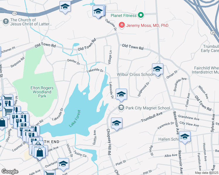 map of restaurants, bars, coffee shops, grocery stores, and more near 155 Lakeside Drive in Bridgeport