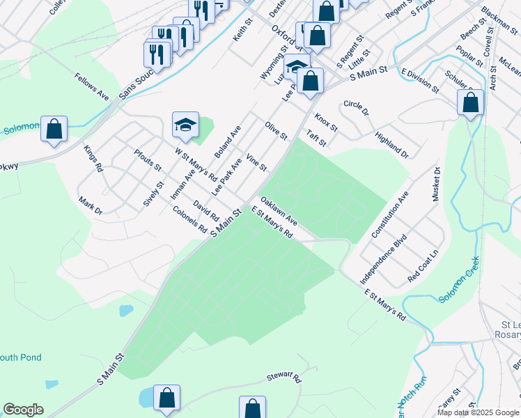 map of restaurants, bars, coffee shops, grocery stores, and more near 12 East Saint Mary's Road in Wilkes-Barre