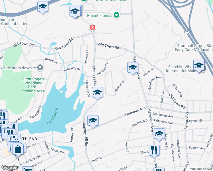 map of restaurants, bars, coffee shops, grocery stores, and more near 135 Dogwood Drive in Bridgeport