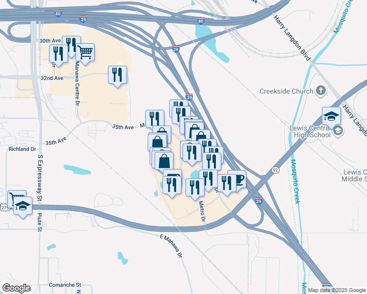 map of restaurants, bars, coffee shops, grocery stores, and more near 3626 Metro Drive in Council Bluffs