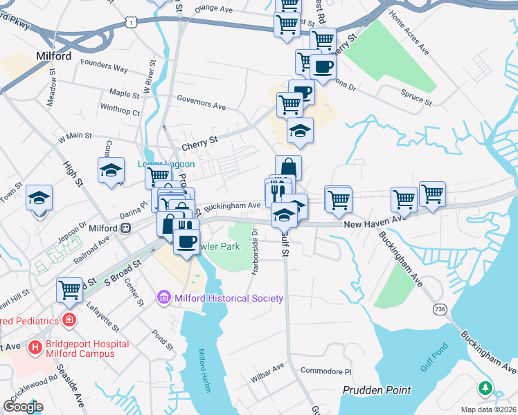 map of restaurants, bars, coffee shops, grocery stores, and more near in Milford