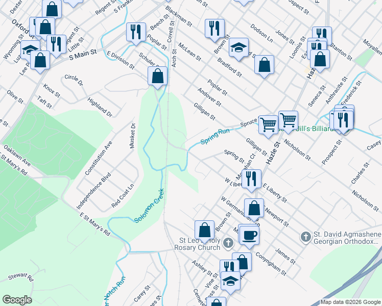 map of restaurants, bars, coffee shops, grocery stores, and more near 110 West Liberty Street in Wilkes-Barre