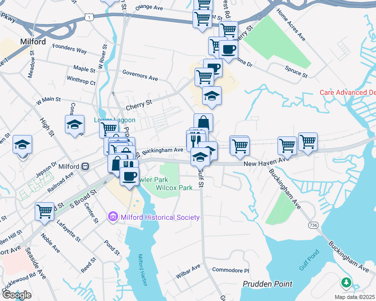 map of restaurants, bars, coffee shops, grocery stores, and more near 97 Buckingham Avenue in Milford