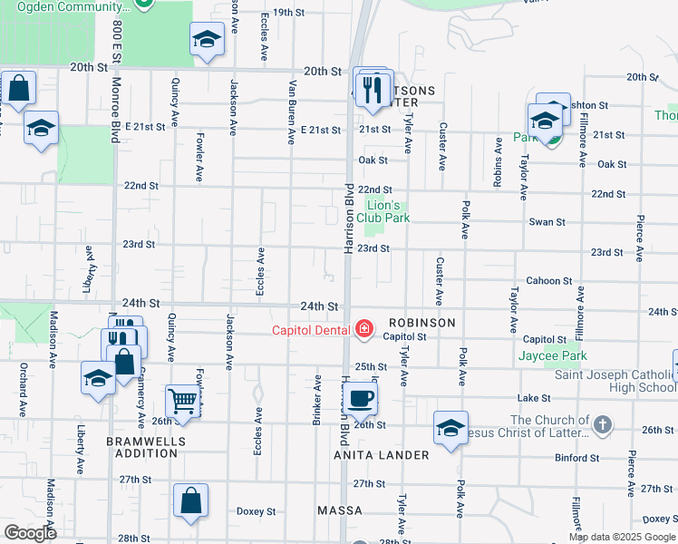 map of restaurants, bars, coffee shops, grocery stores, and more near 2388 Harrison Boulevard in Ogden