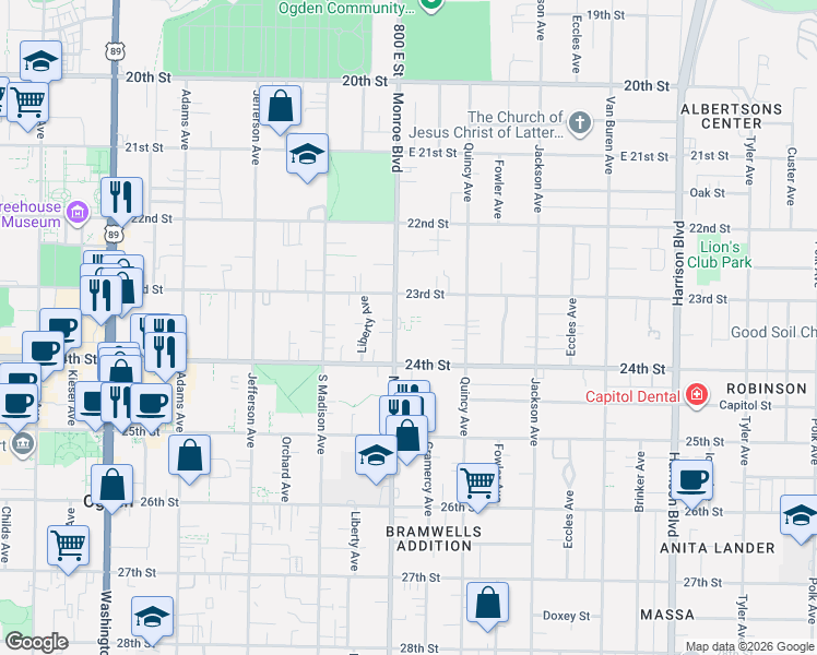 map of restaurants, bars, coffee shops, grocery stores, and more near 818 24th Street in Ogden