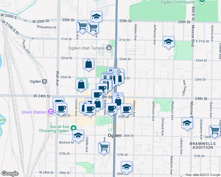 map of restaurants, bars, coffee shops, grocery stores, and more near 2389 Washington Boulevard in Ogden