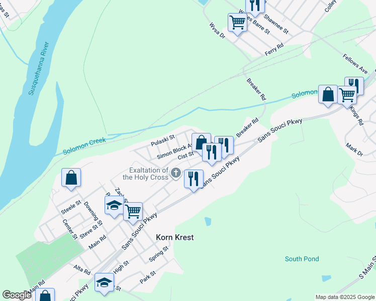 map of restaurants, bars, coffee shops, grocery stores, and more near 40 Simon Block Avenue in Wilkes-Barre