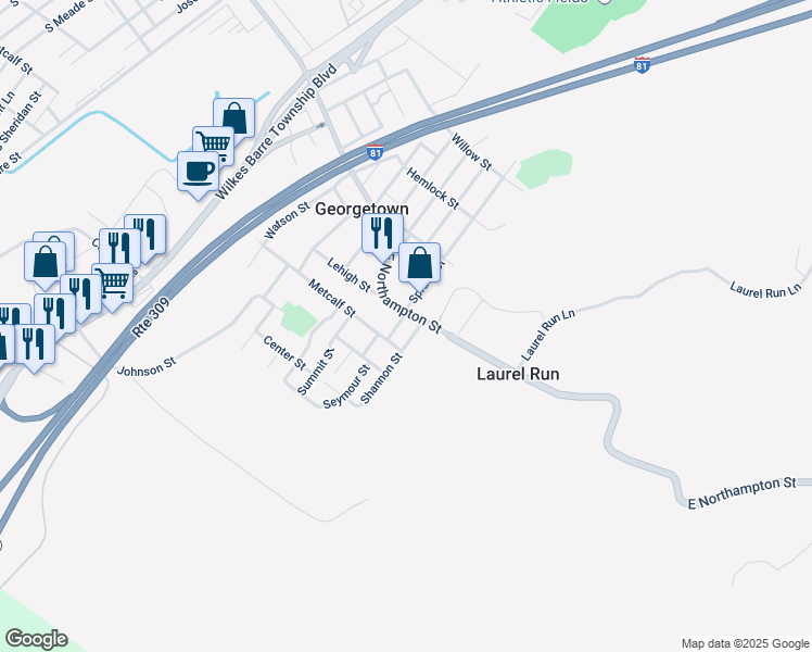 map of restaurants, bars, coffee shops, grocery stores, and more near 845 East Northampton Street in Georgetown