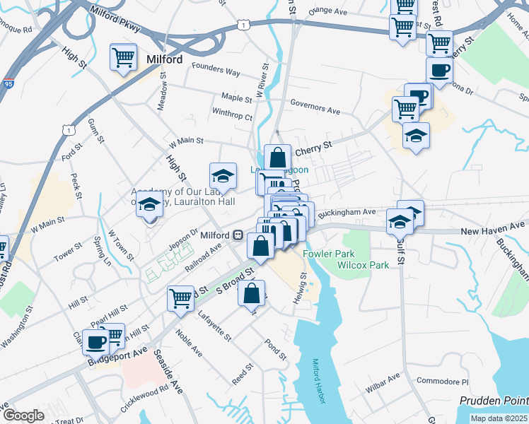 map of restaurants, bars, coffee shops, grocery stores, and more near 22-28 River Street in Milford