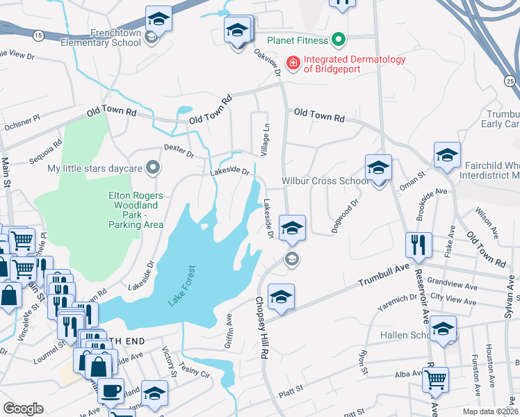 map of restaurants, bars, coffee shops, grocery stores, and more near 165 Lakeside Drive in Bridgeport
