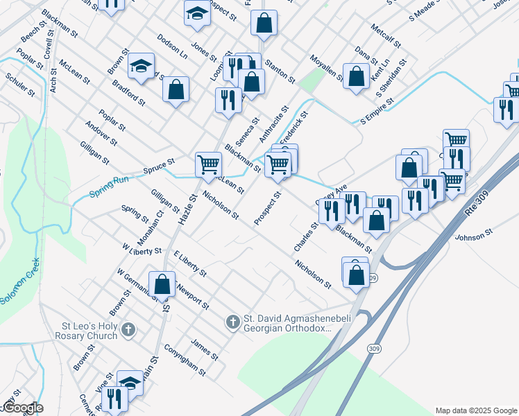 map of restaurants, bars, coffee shops, grocery stores, and more near 509 Blackman Street in Wilkes-Barre