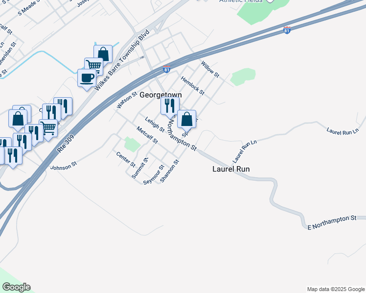 map of restaurants, bars, coffee shops, grocery stores, and more near 849 East Northampton Street in Georgetown