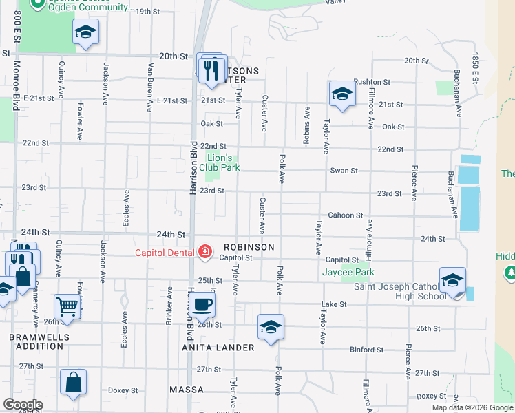 map of restaurants, bars, coffee shops, grocery stores, and more near 2302 Custer Avenue in Ogden
