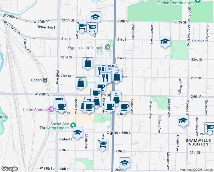 map of restaurants, bars, coffee shops, grocery stores, and more near 2347 Kiesel Avenue in Ogden