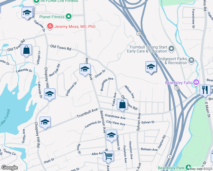 map of restaurants, bars, coffee shops, grocery stores, and more near 135 Brookside Avenue in Bridgeport
