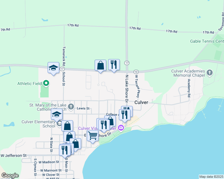 map of restaurants, bars, coffee shops, grocery stores, and more near 1105 North Lake Shore Drive in Culver