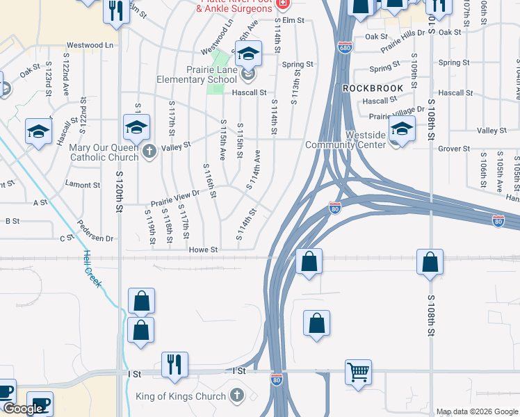 map of restaurants, bars, coffee shops, grocery stores, and more near 3421 South 114th Street in Omaha