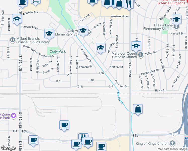 map of restaurants, bars, coffee shops, grocery stores, and more near 3439 Augusta Avenue in Omaha