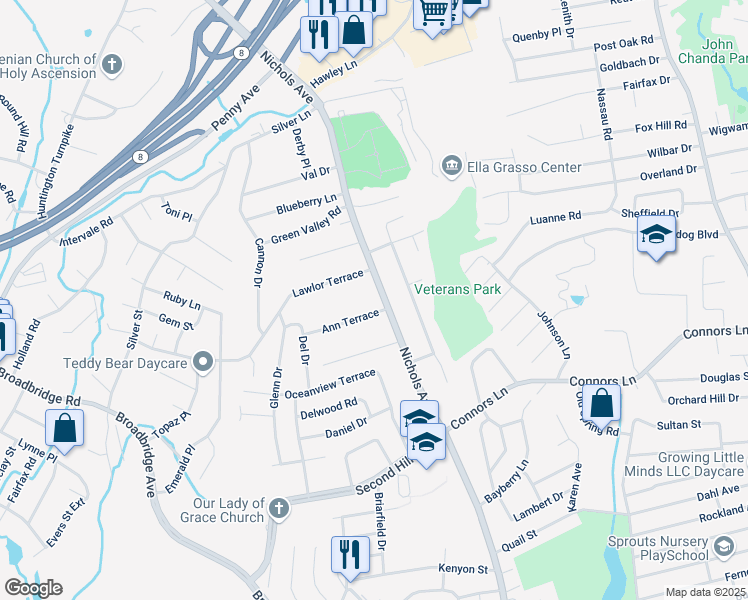 map of restaurants, bars, coffee shops, grocery stores, and more near 2127 Nichols Avenue in Stratford