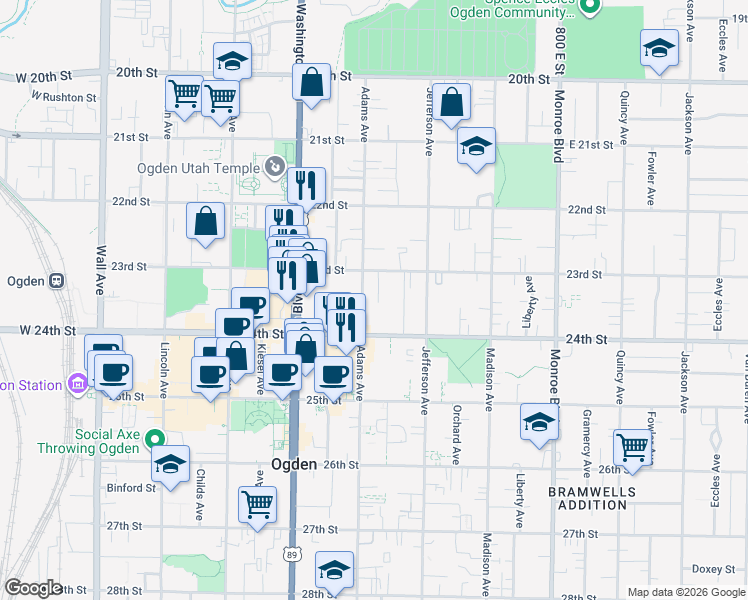 map of restaurants, bars, coffee shops, grocery stores, and more near 2306 Adams Avenue in Ogden
